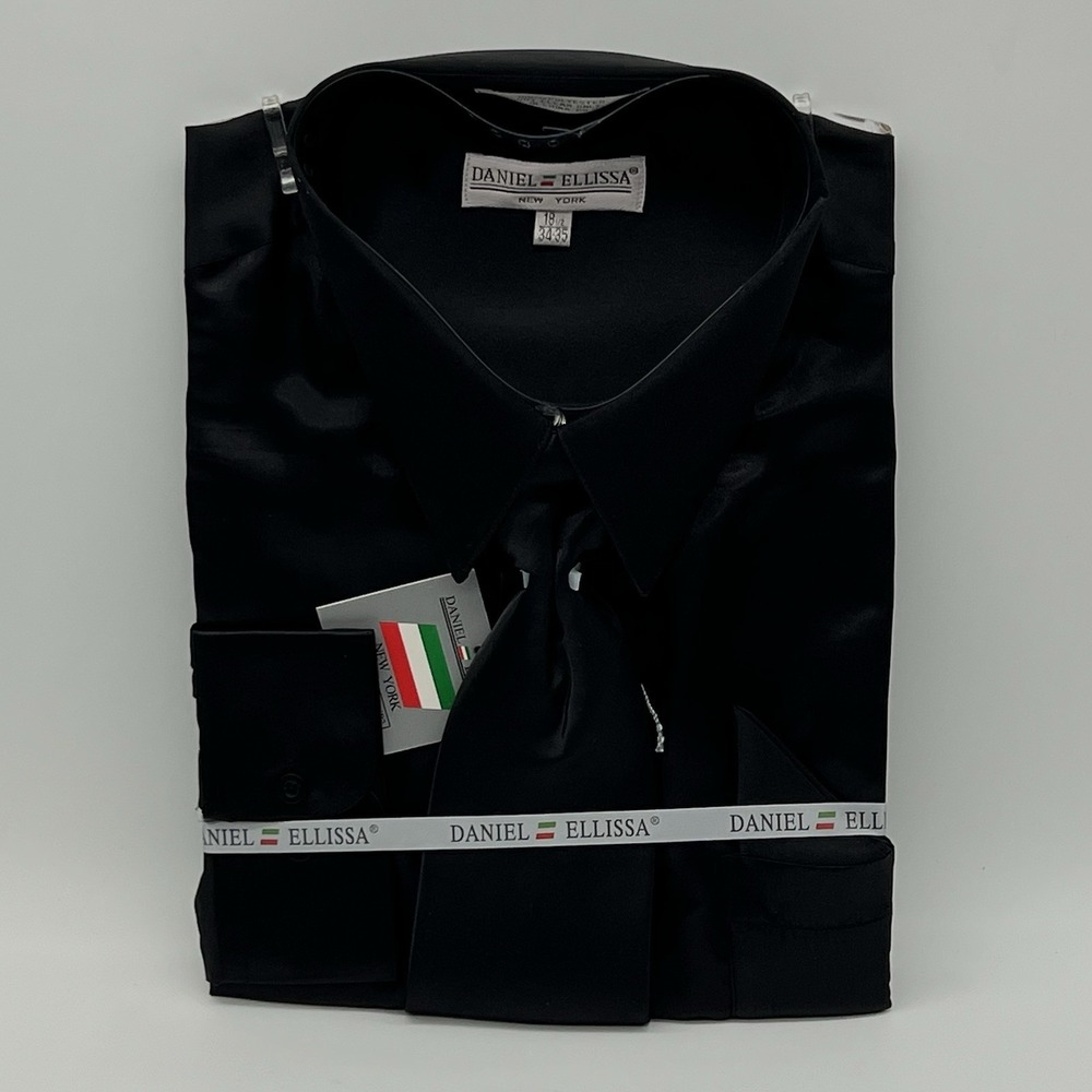 Daniel Ellissa Black Men Dress Shirt With Tie 18.5 34/35 NWT